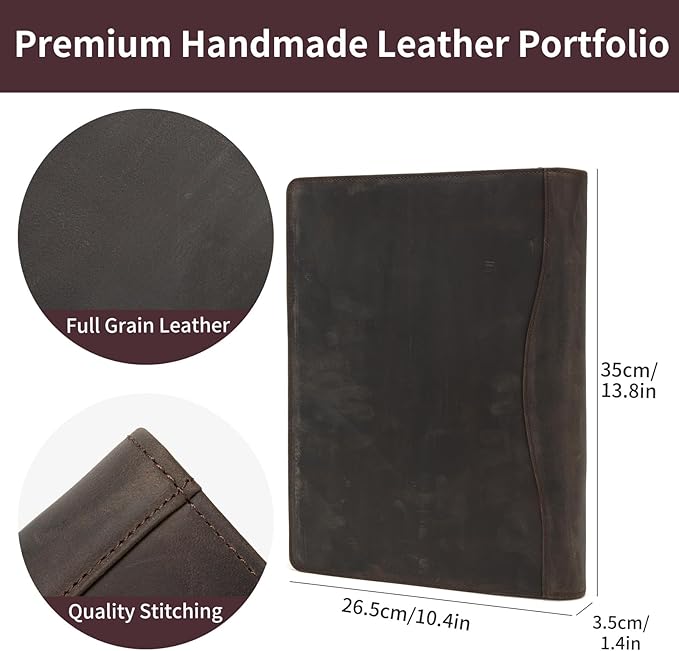 Geslun Personalized Genuine Leather 3 Ring Binder, Custom Engraved 8.5 x 11 Letter Size Folio with Pen Holder, Soft Notebook Portfolio Cover, Notepad Padfolio Organizer for Meeting, Dark Khaki