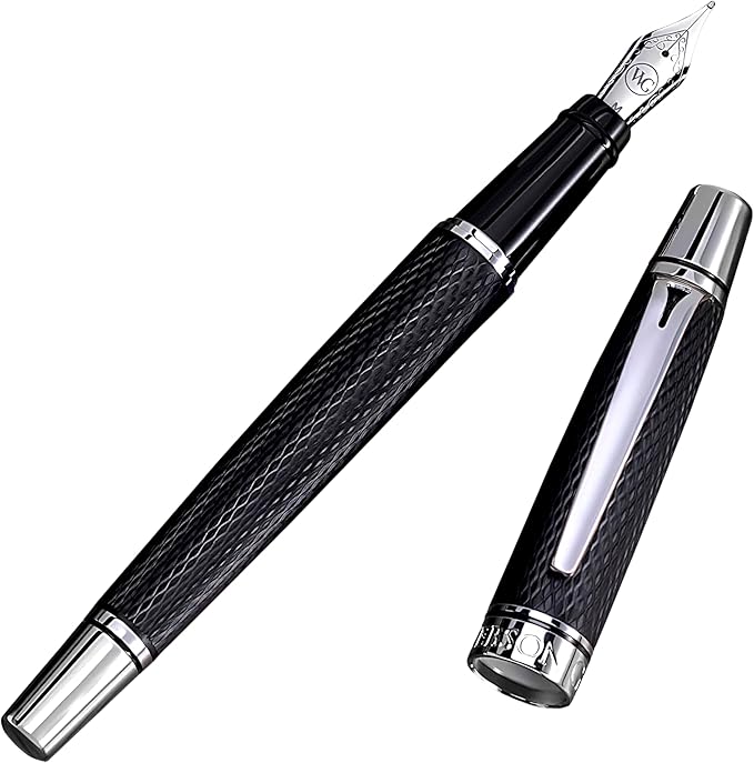 Webson Gill Show Up' Black Luxury Executive Fountain Pen, Woven Lacquer & Chrome, Medium Nib, Smudge Free, No Bleed, Use Any Fountain Ink with Included Converter, Fits Cartridges (sold separately)