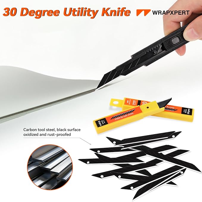 WRAPXPERT Utility Knife Retractable with 30 Degree Snap Off Blade,Box Cutter for Carton,Razor Knife Exacto Craft,3 Pack Retractable Knife for Office,Home Use,with 30 Extra 9mm Blades