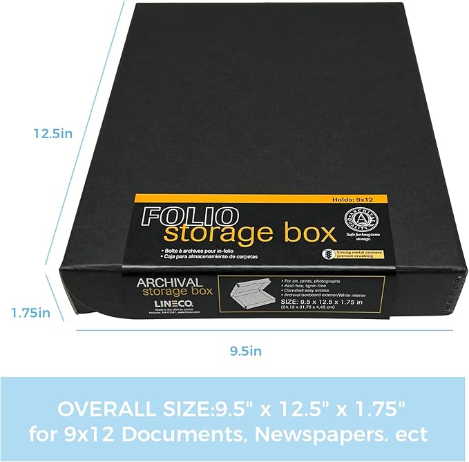 Lineco Archival Folio Storage Box. Metal Edge Archival Boxboard, Clamshell Lid. 9.5 x 12.5 x 1.75 inches.
