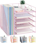 LEKETREE Desk Organizers and Accessories, 5-Tier Paper Letter Tray Organizer with File Holder, Desktop Organizer for Office Supplies (Pink)