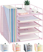 LEKETREE Desk Organizers and Accessories, 5-Tier Paper Letter Tray Organizer with File Holder, Desktop Organizer for Office Supplies (Pink)