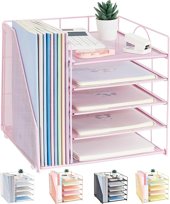 LEKETREE Desk Organizers and Accessories, 5-Tier Paper Letter Tray Organizer with File Holder, Desktop Organizer for Office Supplies (Pink)