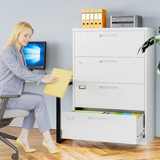 AFAIF 4 Drawer File Cabinets for Home Office, Metal Filing Cabinet with Lock, White Locking File Caninet Four Drawer, Office Storage Caninets Steel Cabnet for Letter/Legal/A4/F4-Assembly Required