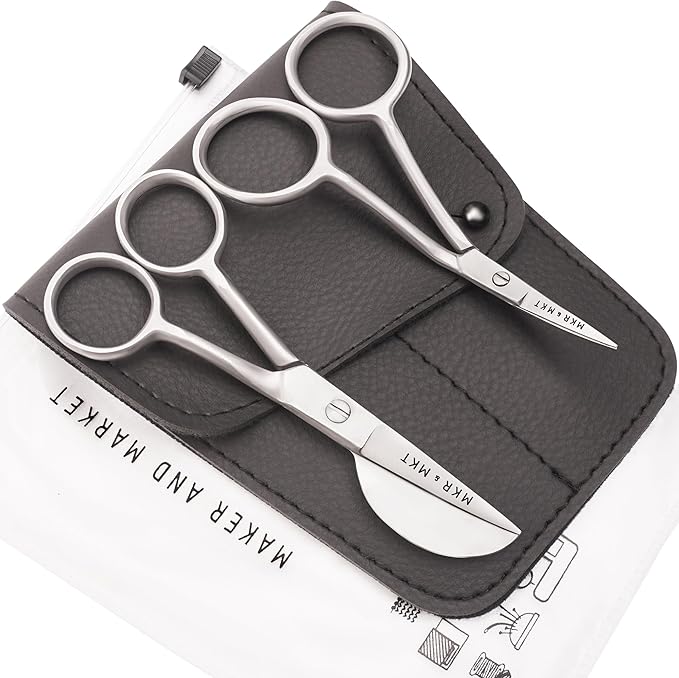 MAKER AND MARKET Small Embroidery 4.5 Inch Scissors Set of 2 Kit - Mini Double Bend Offset Duckbill and Double Bend Long Applique Needlepoint Blade with Pouch Sleeve (Satin)