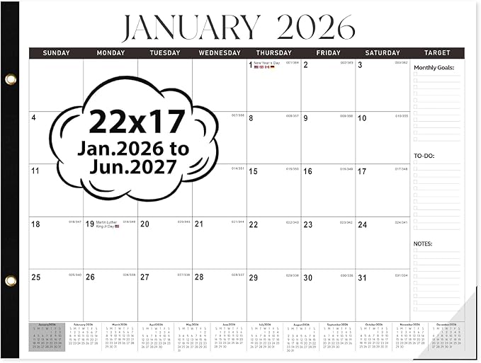 2026 Desk Calendar 22'' x 17'', Large Monthly Desktop Calendar, 18 Months Desk Pad (Jan. 2026 - Jun. 2027) for Home School Office Supplies (Black & White)