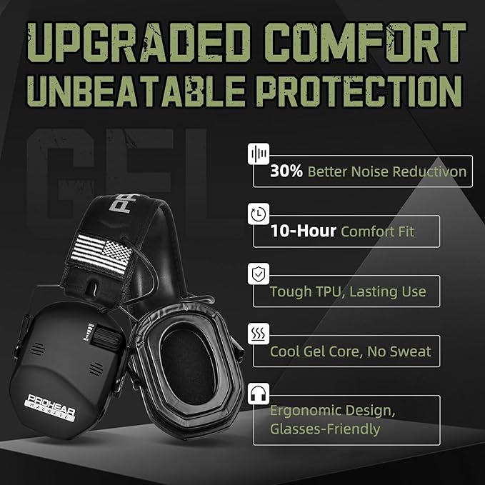 PROHEAR 022 Upgraded Electronic Shooting Earmuffs with Gel Cooling Ear Cushions - 29dB SNR Noise Reduction for Hunting & Gun Range, 5X Sound Amplification, 4 Omnidirectional Mics, HD Speakers,Black