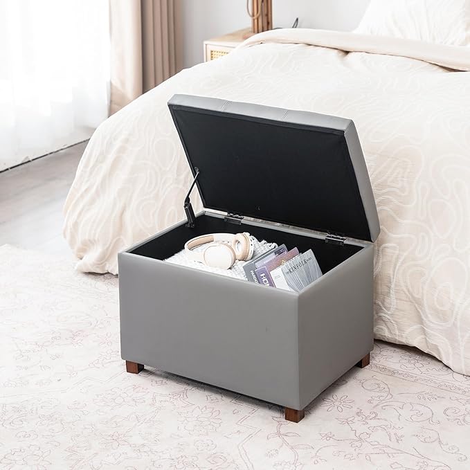 Joveco 24" Leather Storage Ottoman Bench, Rectangle Foot Rest Stool for Living Room, Bedroom, Entryway, Grey