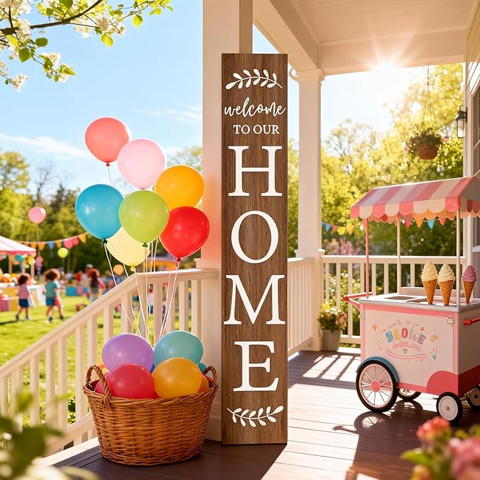 Welcome Sign for Front Porch, 47" Large Wooden Welcome to Our Home Sign Door Hanging Standing Plaque, Farmhouse Vertical Outdoor Porch Decorations for Yard Patio Entrance (Natural)