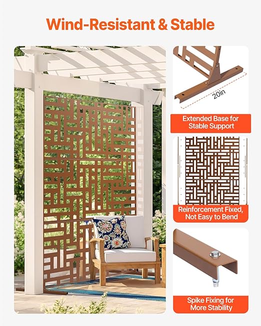 VEVOR Metal Privacy Screen, 36" W x 72" H, Outdoor Privacy Screens & Panels, Freestanding Outdoor Divider with Stand, 3-Panel Decorative Garden Steel Privacy Fence for Balcony Patio Indoor Room Brown
