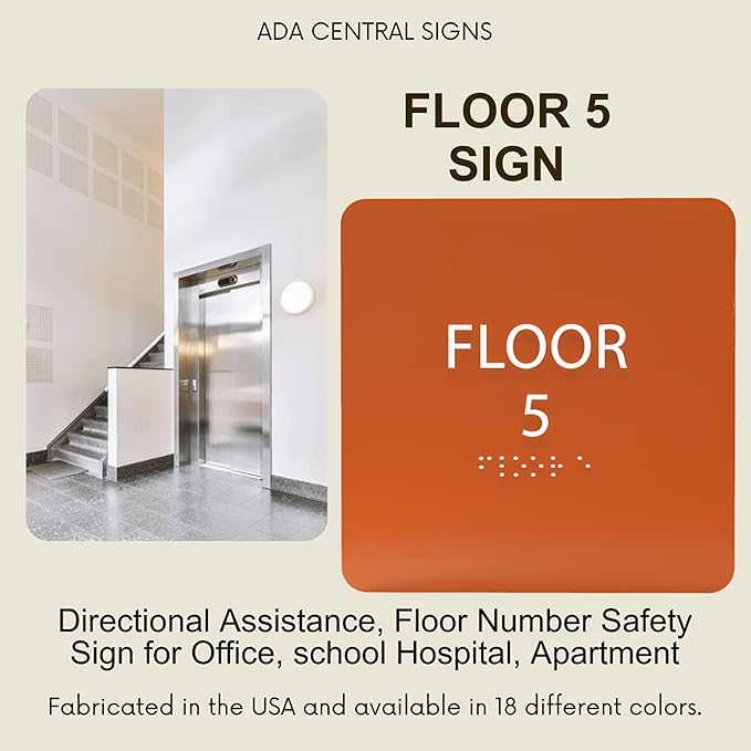 Grey w/Black ADA Floor 5 Sign with Braille – Made from Durable Acrylic and Ready to Mount