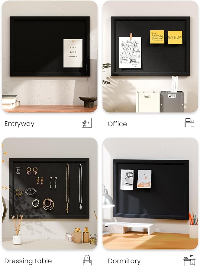 Fluxynara Felt Cork Board Alternative, Felt Bulletin Board 16" x 12" Black Frame with 8 Adhesive Tabs, Pin Board for Home Office, Classroom, Entryway, Kitchen Wall Decor—Black
