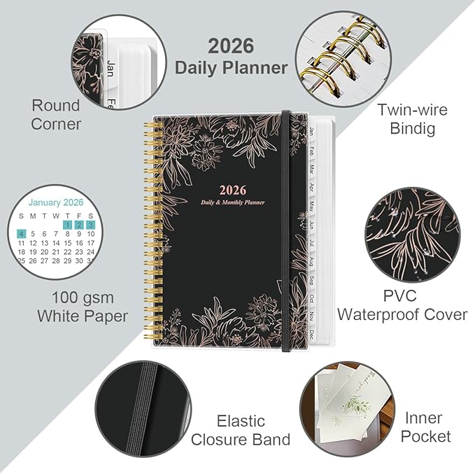 Daily Planner 2026 Full Page Per Day- 2026 Daily & Monthly Planner from January 2026 to December 2026, Day Planner 2026 with 12 Months Tabs, 6.4" x 8,5", Black Flowers