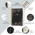 Daily Planner 2026 Full Page Per Day- 2026 Daily & Monthly Planner from January 2026 to December 2026, Day Planner 2026 with 12 Months Tabs, 6.4" x 8,5", Black Flowers