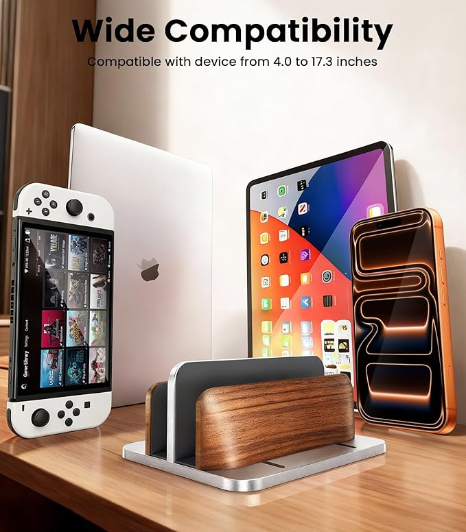 𝟮𝟬𝟮𝟲 𝗨𝗽𝗴𝗿𝗮𝗱𝗲𝗱 Vertical Laptop Stand, [Black Cedar Wood Dual-Slot], Desktop Aluminum Alloy MacBook Stand, Adjustable Base, for MacBook Pro/Air, (up to 17.3-inch gaming laptops), Silver