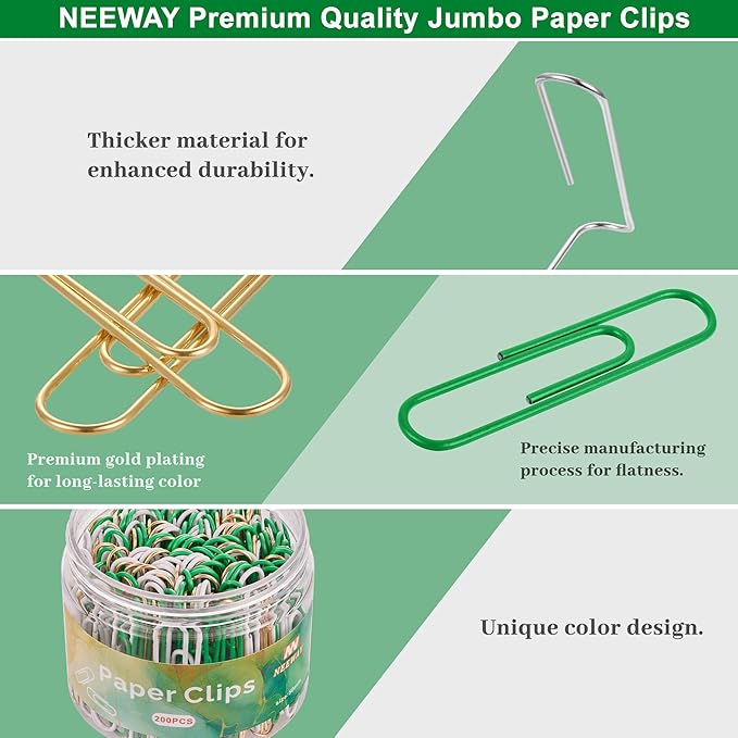 NEEWAY 200pcs Large Green Paper Clips, 2 Inch Jumbo Paper Clip, Ceative Colored Paperclips for Paperwork Office