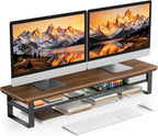 NestNeat Dual Monitor Stand, 35.4 Inch Monitor Stand Riser for 2 Monitors, 2 Tiers Wood Desk Shelf with Storage, Desktop Organizer Stand for Computer, Laptop, Printer, TV (Black Walnut, 35.4in)