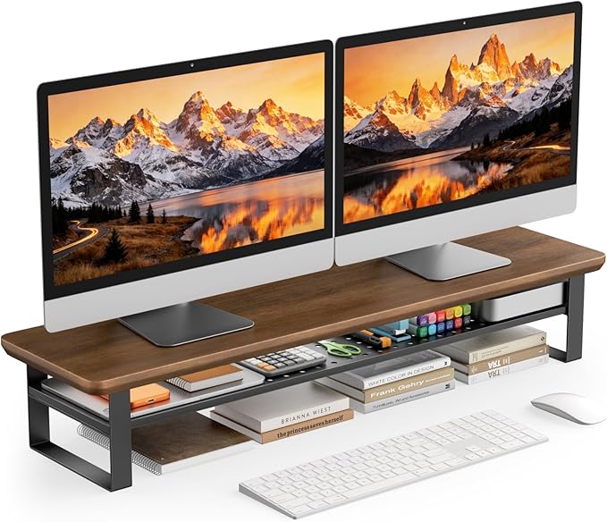 NestNeat Dual Monitor Stand, 35.4 Inch Monitor Stand Riser for 2 Monitors, 2 Tiers Wood Desk Shelf with Storage, Desktop Organizer Stand for Computer, Laptop, Printer, TV (Black Walnut, 35.4in)