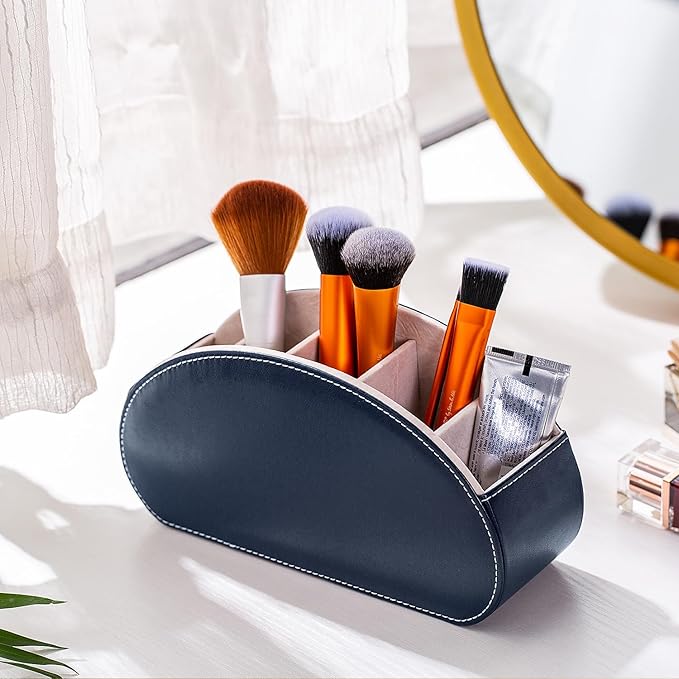 Remote Control Holders Organizer Box with 5 Compartment PU Leather Multi-functional Office Desk Storage Caddy Store Tv Remote for Media Player,Brush,Pencil,Glassees&Office Supplies (Dark Blue)