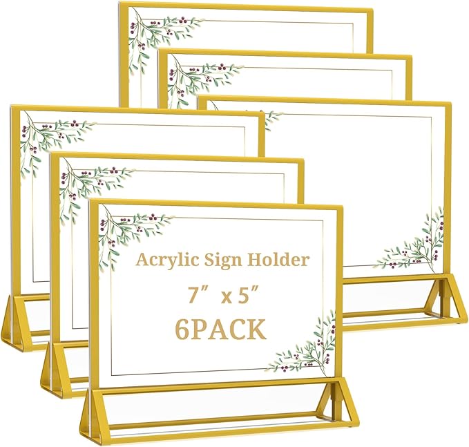PPH-Sisy Clear Acrylic Sign Holder 7x 5 Horizontal Double Sided Gold Frame Flyer Holder for Wedding Table Number Menu Holder (6pcs)