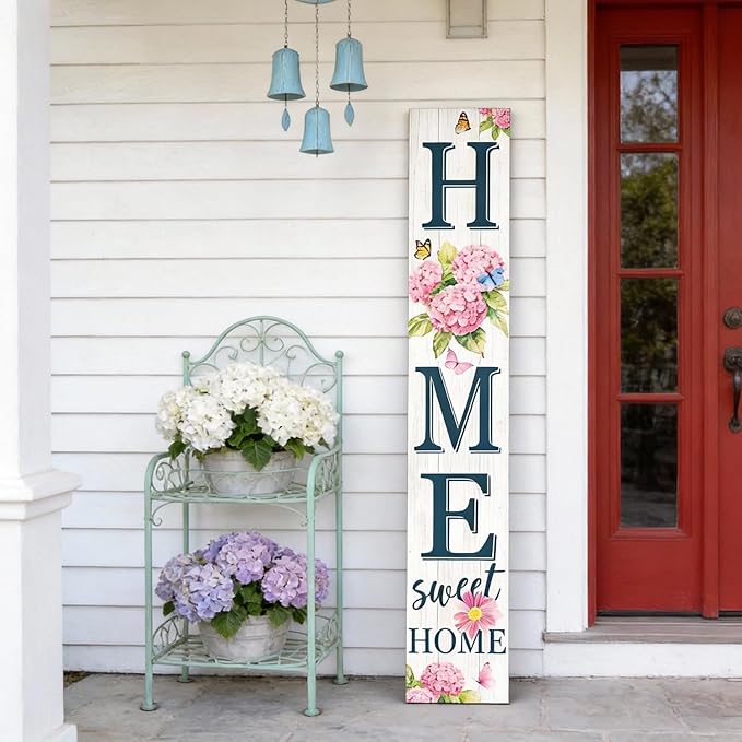 Home Sweet Home Welcome Sign for Front Porch, 47" Wood Framed Porch Sigh Spring Hydrangea Flower Decorations with Hanging Rope, Farmhouse Yard Signs Home Decor for Outdoor Patio Easter Gift