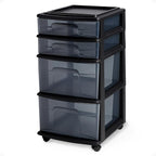 HOMZ Drawer Tower, 4-Tier Clear Plastic Storage Organizer Cart, Black Frame - Rolling Drawer Containers with Wheels for Bathroom, Bedroom, Office, and Classroom Organization