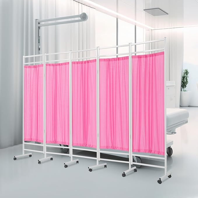 Medical Privacy Screens, Waterproof Nylon Fabric, 98.4 * 70.9 in Foldable Rolling Medical Privacy Screen with Silent Wheels, Suit for Hospitals, Clinics, and Nursing Homes (Pink, 5 Panels)