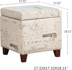 Adeco Fabric Script Pattern Cube Storage Footstool, Hinged Lid, Solid Wood Legs, 18" Height Ottomans & Storage Ottomans, Cream White