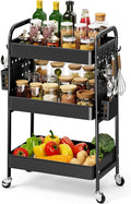KINGRACK 3 Tier Rolling Cart with DIY Hanging Board, Metal Rolling Utility Cart with Wheels Handles Baskets Hooks, Rolling Storage Cart Suitable for Bathroom, Kitchen, Office, Nursery Diaper (Black)
