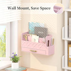 Wisuse Bamboo Desk Mail Organizer with Drawer,Wooden File Bill Sorter Storage Box for Desktop, Letter Countertop Holder for Home,Office,School Organization,Tabletop Accessories Supplies (Pink)
