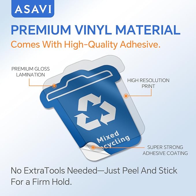 ASAVI Trash Sorting Stickers (6-Pack) – 6x4.8 Waterproof Vinyl Waste Labels with Strong Adhesive, Durable Outdoor/Indoor Use, Icon-Based Design for Home, Office, Commercial Bins (Bucket-Shaped)