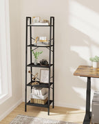 Hzuaneri Ladder Shelf, Bookshelf Bookcase, Freestanding Corner Storage Shelve with 2 Hooks for Home Office, Living Room, Kitchen, Bedroom, Industrial, 11.8" D x 17.3" W x 63" H, Black BC19204B