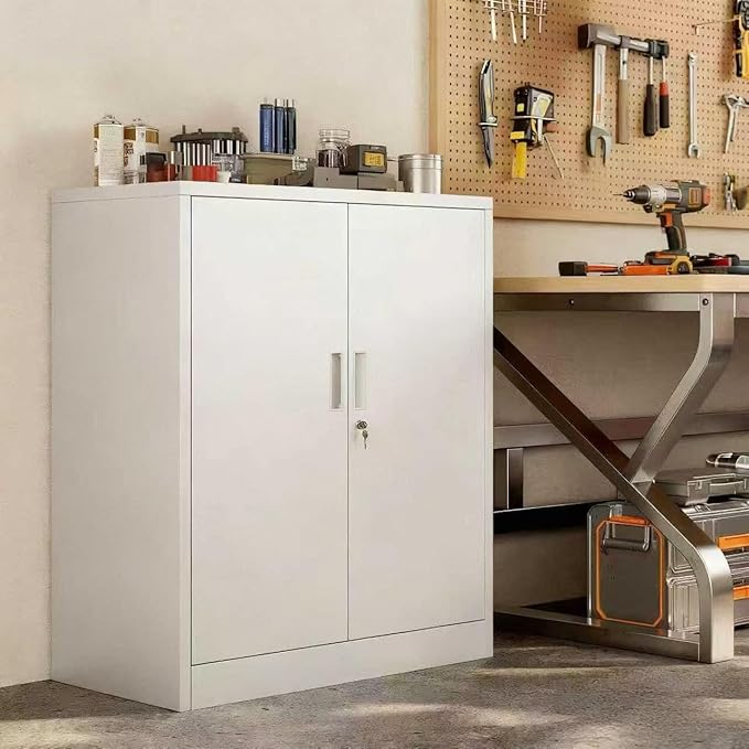 TaskStorz Metal Garage Storage Cabinets，36" Steel File Cabinet with 2 Adjustable Shelves, Lockable Storage Cabinets for Office, Home, Garage, Warehouse 36" H x 32" W x 16" D (White)
