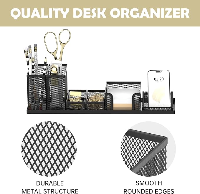 SUPEASY Pen Holder for Desk, 6 Piece Mesh Desk Organizer set for Office Organization with Mail Organizer, Letter Phone Holder, Sticky Notes Caddy Storage, Black