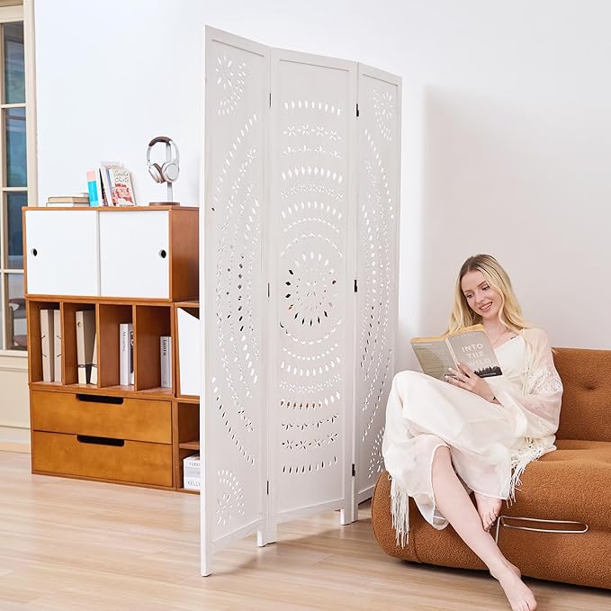 5.6 Ft Folding Room Divider, Portable Privacy Screen & Partition, No Assembly Required for Use as Cat Litter Box Cover, Clutter Hider, Room Separator, 3 Panels (White)