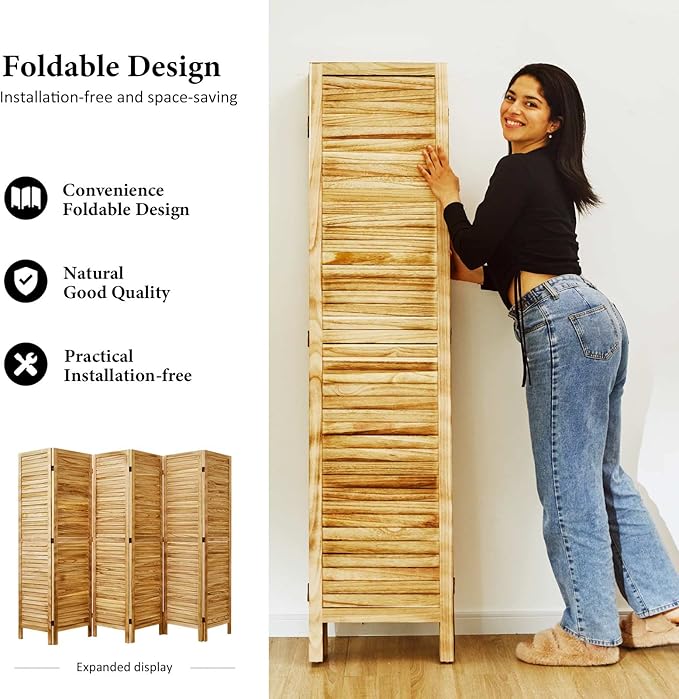 Room Dividers and Folding Privacy Screens, Wood Louvered Separators Divider Wall for Home Office Bedroom - 6 Panels, 67 * 90inch (Wood)