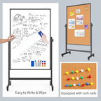 Double-Sided Corkboard Whiteboard, 32 x 48 Inches Dry Erase Board on Wheels, Height Adjustable, Portable Freestanding Board for Office, Planning, and Presentations (Cork & Black)