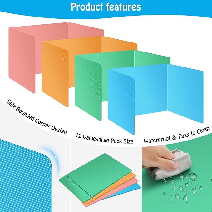 Colorful 12-Pack Desk Dividers for Students, Durable Plastic Study Carrel Divider, Easy to Clean Privacy Classroom Shield Folder Boards for Student Desk Pink Orange Blue Green