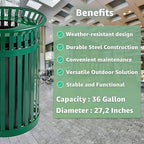 Zedfire 36 Gallon Green Waste Bin with Flat Lid, Outdoor Heavy-Duty Commercial Trash Can Steel Slatted, Round Recycle Container, Durable Garbage Can for Parks, Municipalities, Parking, Schools