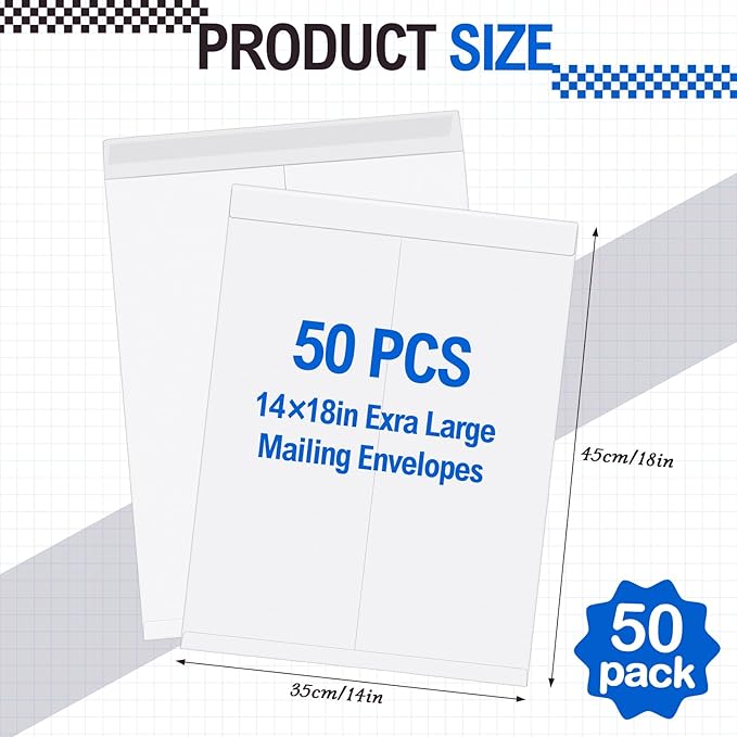 Motipuns 50 Pcs 14'' x 18'' Extra Large Mailing Envelopes 32lb with Gummed Flaps, Catalog Jumbo Craft Envelopes for Mailing, Storage and Organizing Documents Office Supplies(White)