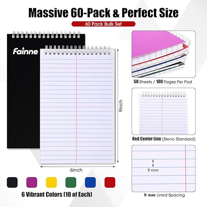 Fainne 60 Pcs Spiral Steno Pads Bulk 6 x 9 Inches Legal Pad Top Spiral Bound Notebook 50 Sheets Double Sided Ruled Memo Steno Pad Assorted Color Covers Note Pads for Business Office University College
