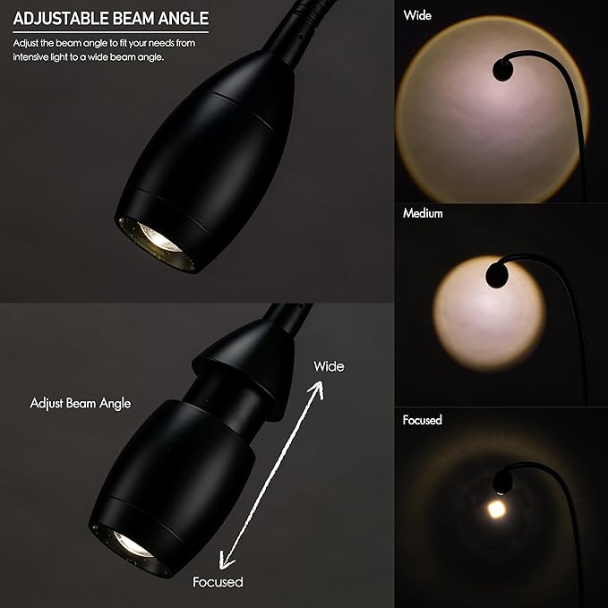 O'Bright Lumos - Versatile Clip-on Lamp: Zoomable Spotlight, Dimmable LED, Flexible Gooseneck, 4000K Light, 100% Metal Clamp - Ideal for Reading, Crafting, Work, and Headboards, Black