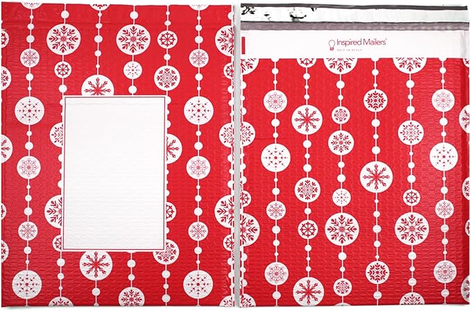 Bubble Mailers 12x15" - Red Snowflake Baubles (Writable Area) - 25 Pack - Large Padded Envelopes 12x15 - Poly Bubble Mailers Padded Mailers - Holiday Bubble Envelopes