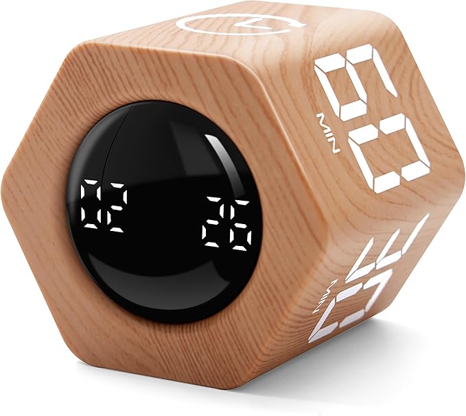 Exlliy Productivity Timer 1, 5, 10, 30, 60 Minutes Preset, Desk Cube Timer with Gravity Sensor/Mute/Vibration for ADHD, Work, Study, Kitchen, Back to School (1, Wood Grain)