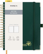 POPRUN Spiral Bullet Dotted Journal Notebook, 7-1/4" x 9-1/2" - 120 GSM Thick Paper, 220 Numbered Pages, Hardcover for Men & Women with Pocket, Index Tabs, 8 Perforated Sheets, Dark Green