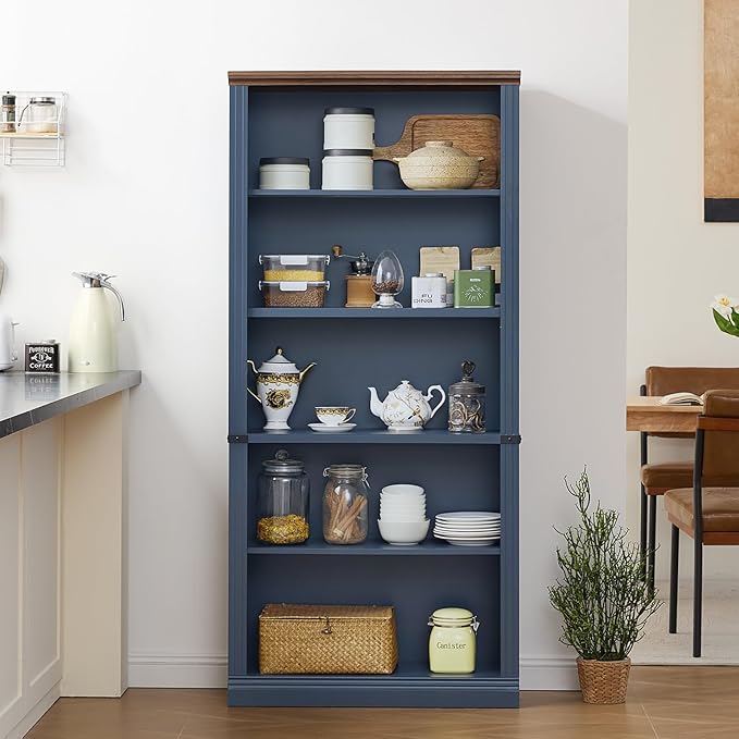 RWYHG 70" Blue Tall Bookshelf,5-Tier Thick Wooden Book Shelf with Adjustable Shelves,Free Standing Farmhouse Bookcase with Open Display Storage,Floor Vintage Bookshelves for Living Room,Office