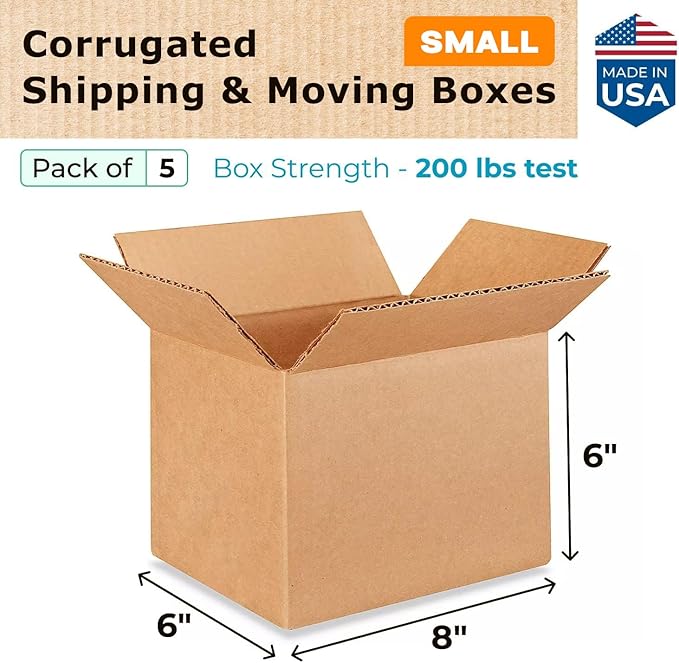 Small Moving & Shipping Boxes 8 x 6 x 6 inches (5-Pack) - Extra Strength 200 lb vs Regular - Corrugated Cardboard Boxes - Shipping Box for Small Business - Moving Cardboard Box by IDL Packaging