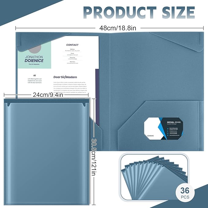 Henoyso 36 Pcs Plastic Folders with Clear Front Pockets Heavy Duty File Folders with 2 Pockets and Card Slot for Student Communication School Office Presentation Report (Blue Gray)
