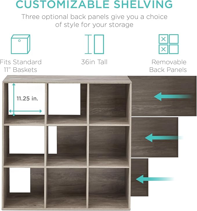 Best Choice Products 9-Cube Storage Organizer, 11in Shelf Opening, Bookcase, Display Shelf, Customizable w/ 3 Removable Back Panels - Greige