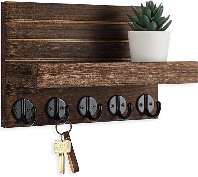 Lwenki Key Holder for Wall, Decorative Key and Mail Holder with Shelf Has Large Key Hooks for Bags, Coats – Paulownia Wood Key Hanger with Mounting Hardware (9.8”W x 6.7”H x 4.2”D) (Brown)